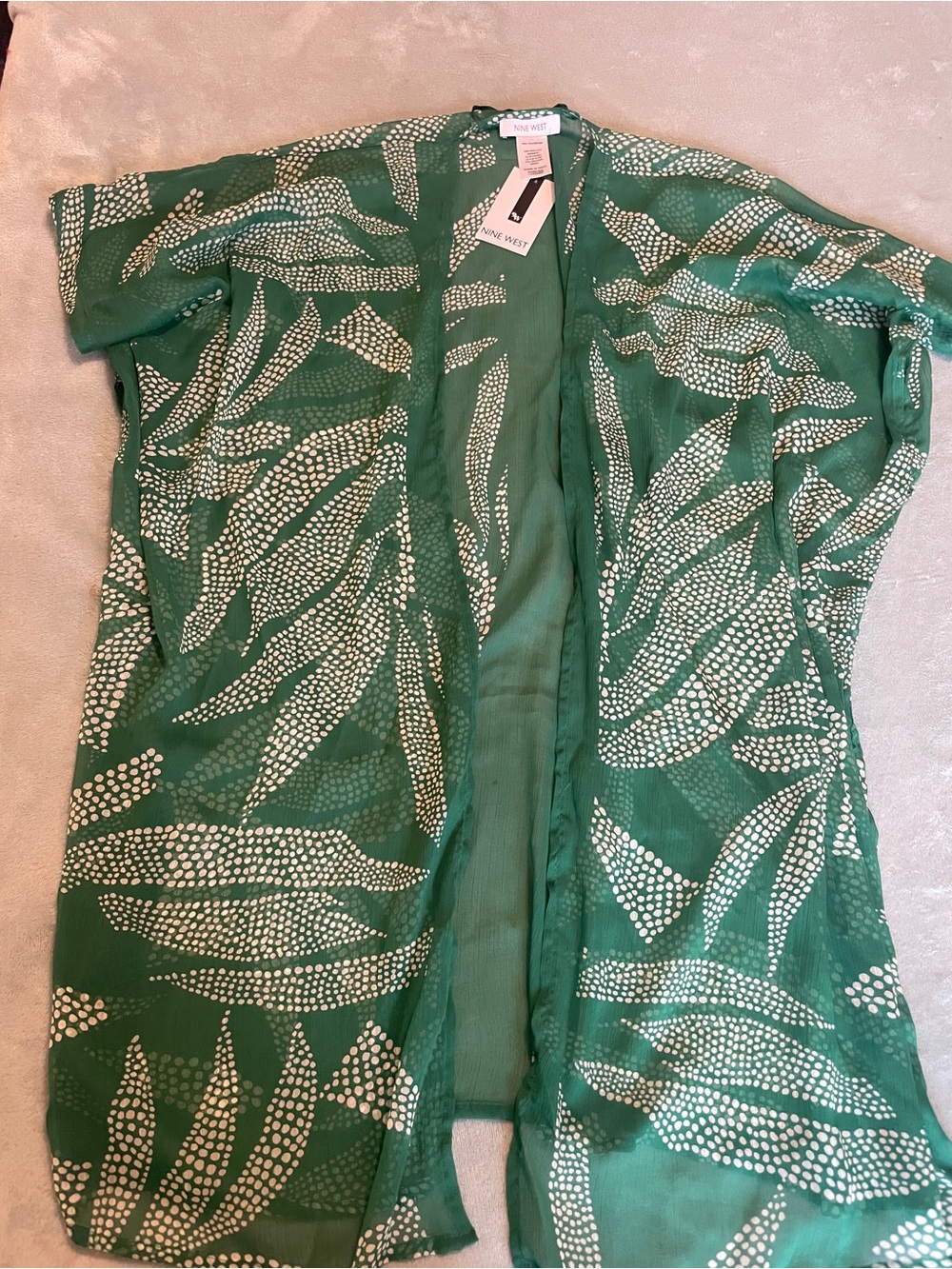 Nine West Green Sheer Printed Open-Front Duster NWT